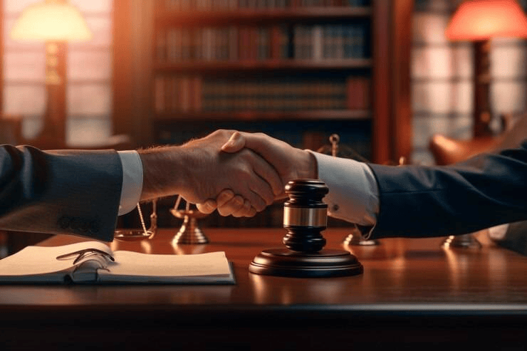 Professional legal agreement handshake and successful client representation at MI Law firm.